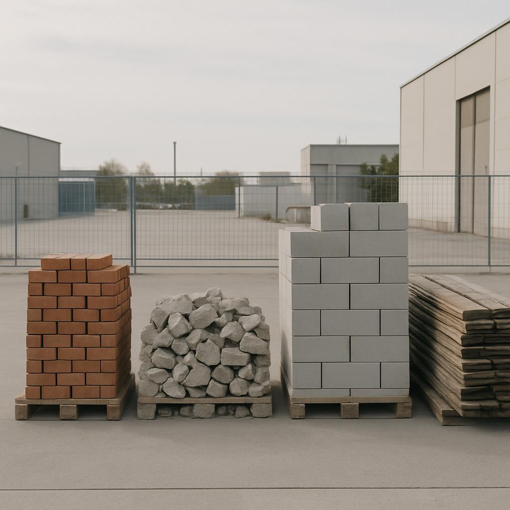 German Eine Palette von Betonblöcken, Sandsteinpellets, Hölzern und Stahl, bereit für den Aufbau eines Gebäudes unterbrich...