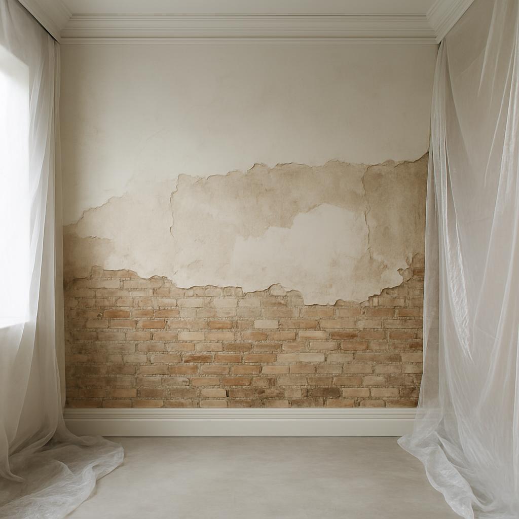 German: Alternativtext: Verfallene Wand mit Bruchsteinen, weiß gekalkt, mit einem big benachbarten Fenster, gerahmt von vo...