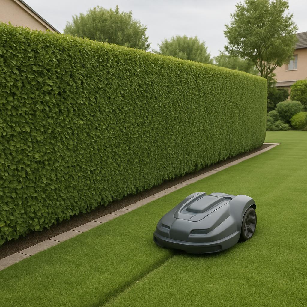 German Ein autonom fahrender Rasenmäher auf einem gepflegten Rasen vor einer Hauswand mit einem hohen, geschnittenen Laubb...