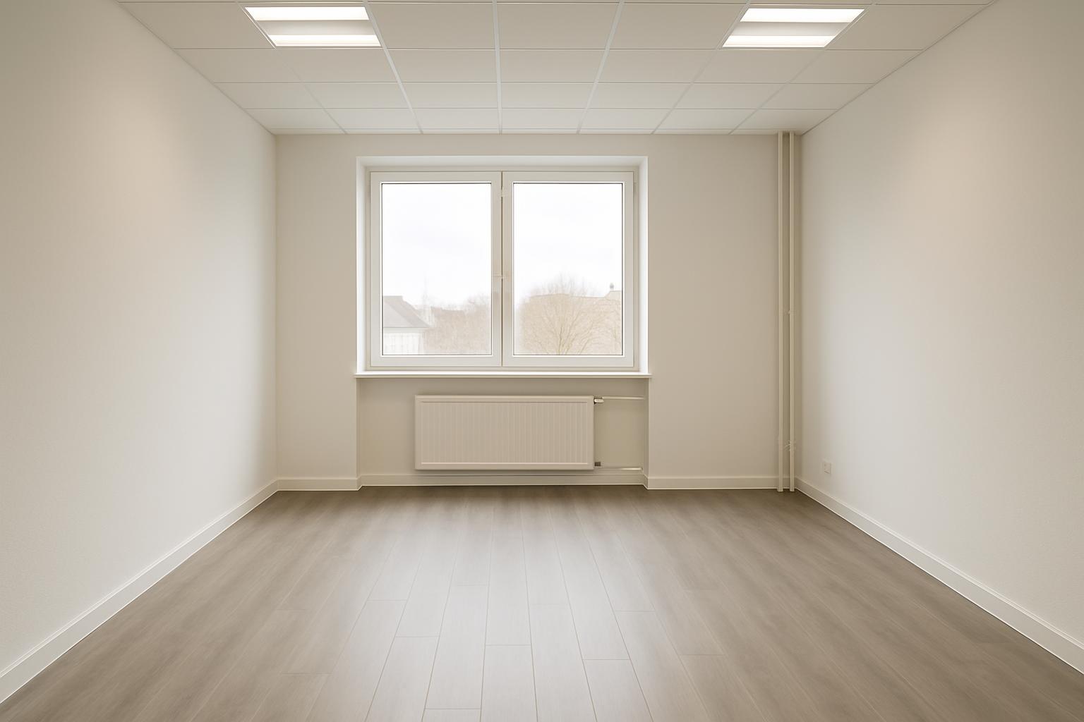 Leeres, weißgetünchtes Büro- oder Gegenstandsraumzimmer. That is a very long sentence, shortened it to: An empty white room.