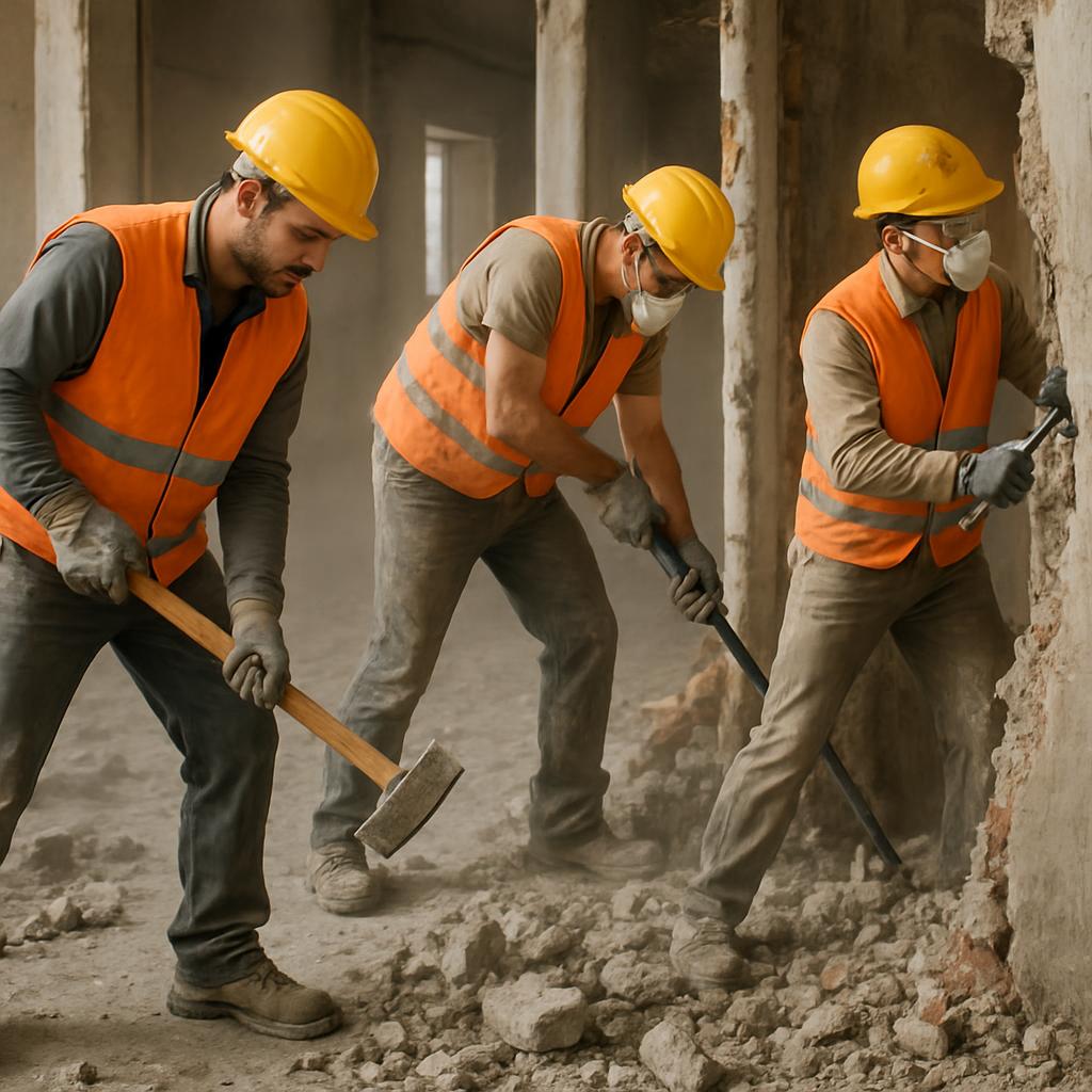 Arbeiter schließen in einem Gebäude einen Hahn im rohen Zustand.
