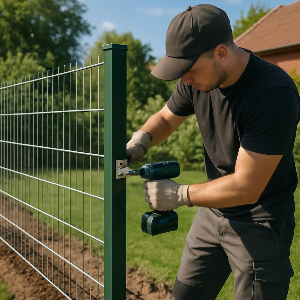 Eine Mann, der sich vor einem neuen Zaun aus einer Reihe von beiden Paneldetails arbeitet. Thus providing him with detaile...