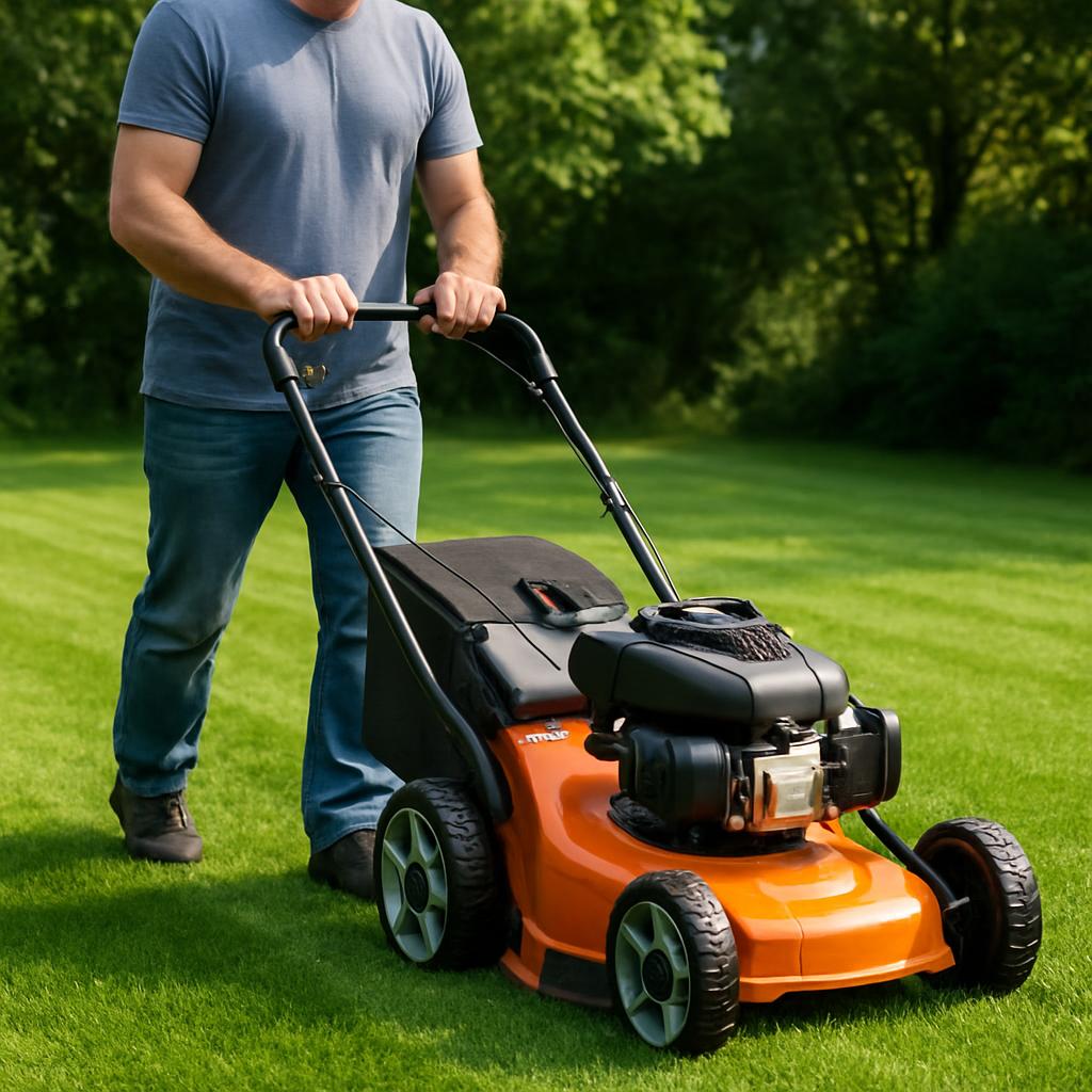 German [Ein Mann schneidet das Gras mit einer Draisine.]